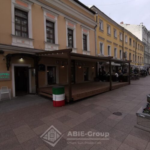 Фотографии выполненных работ компании «ABIE-GROUP» Алюминиевой перголы со сдвижным тентом для итальянского ресторана. г.Москва